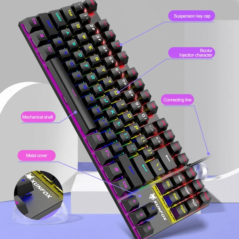 XUNFOX K80 87-key Mechanical Keyboard Blue Switch Compact Wired Keyboard with Light Effect - Pink+White