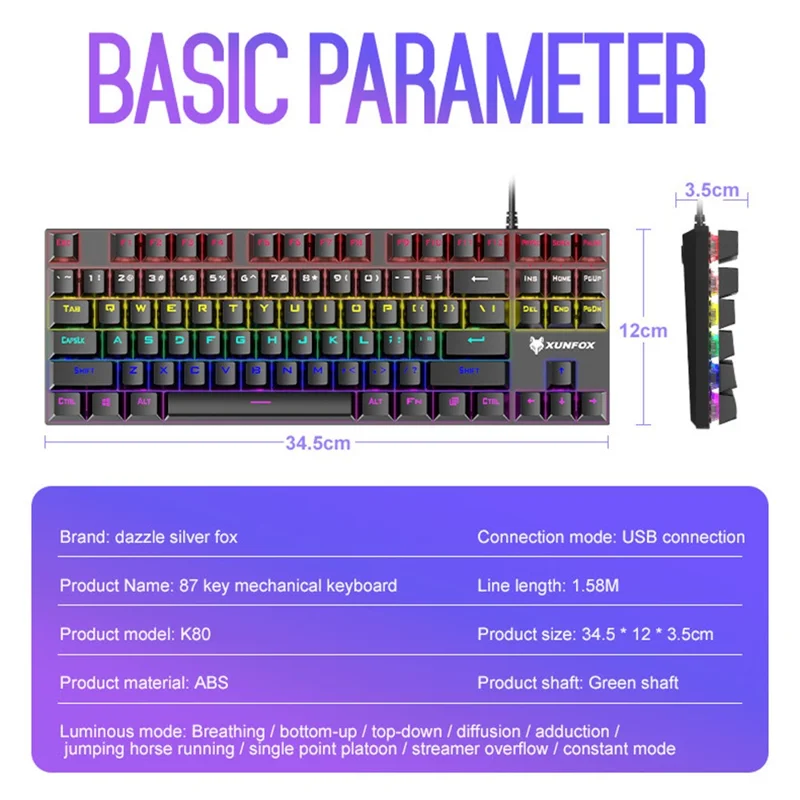 XUNFOX K80 87-key Mechanical Keyboard Blue Switch Compact Wired Keyboard with Light Effect - Pink+White