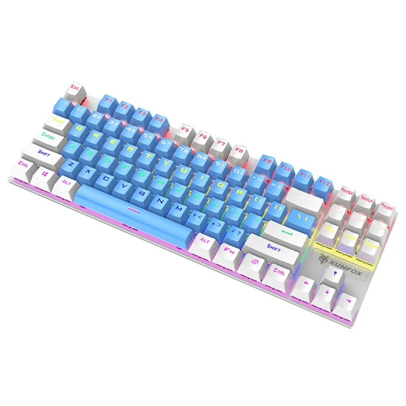XUNFOX K80 87-toets mechanisch toetsenbord Blauwe schakelaar Compact draadgebonden toetsenbord met lichteffect - Blauw+Wit