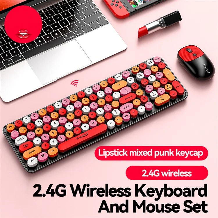 Conjunto de Teclado e Mouse sem Fio T-WOLF TF350 2.4G - Para Casa e Escritório - Cor Batom