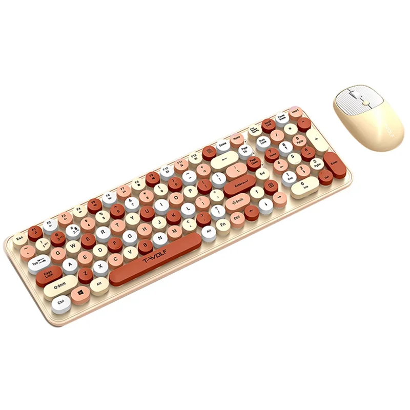 T-WOLF TF350 2.4G Wireless Keyboard Mouse Set Home Office Computer Keyboard + Mouse - Milk Tea Color