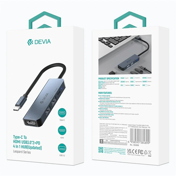 DEVIA EC136 Leopard Series 4-in-1 Hub Adaptador Tipo-C a PD+USB2.0+USB3.0+Estación de Acoplamiento HD (Actualizado)