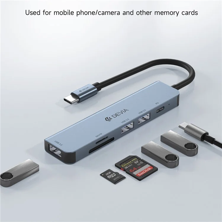 DEVIA EC135 Leopard Series 5 en 1 Adaptador de concentrador Tipo-C USB-C 3.1 a PD+USB3.0*3+SD / TF Estación de acoplamiento (Actualizado)