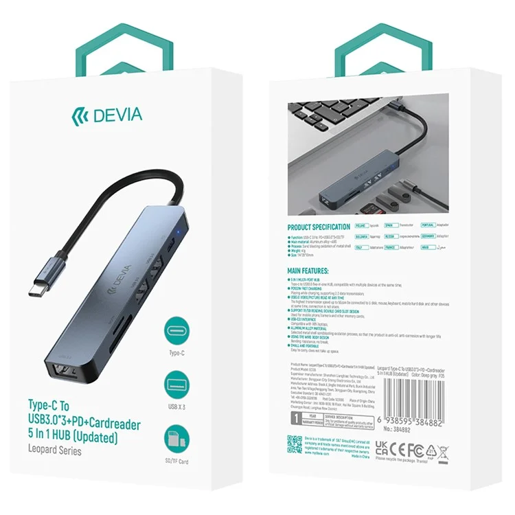 DEVIA EC135 Leopard Series 5 en 1 Adaptador de concentrador Tipo-C USB-C 3.1 a PD+USB3.0*3+SD / TF Estación de acoplamiento (Actualizado)