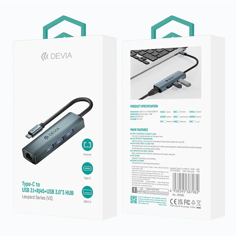DEVIA EC621 Estação de Acoplamento da Série Leopard USB-C Tipo-C para USB3.0*3+RJ45, Mini Hub USB 3.1 (Atualizado) 