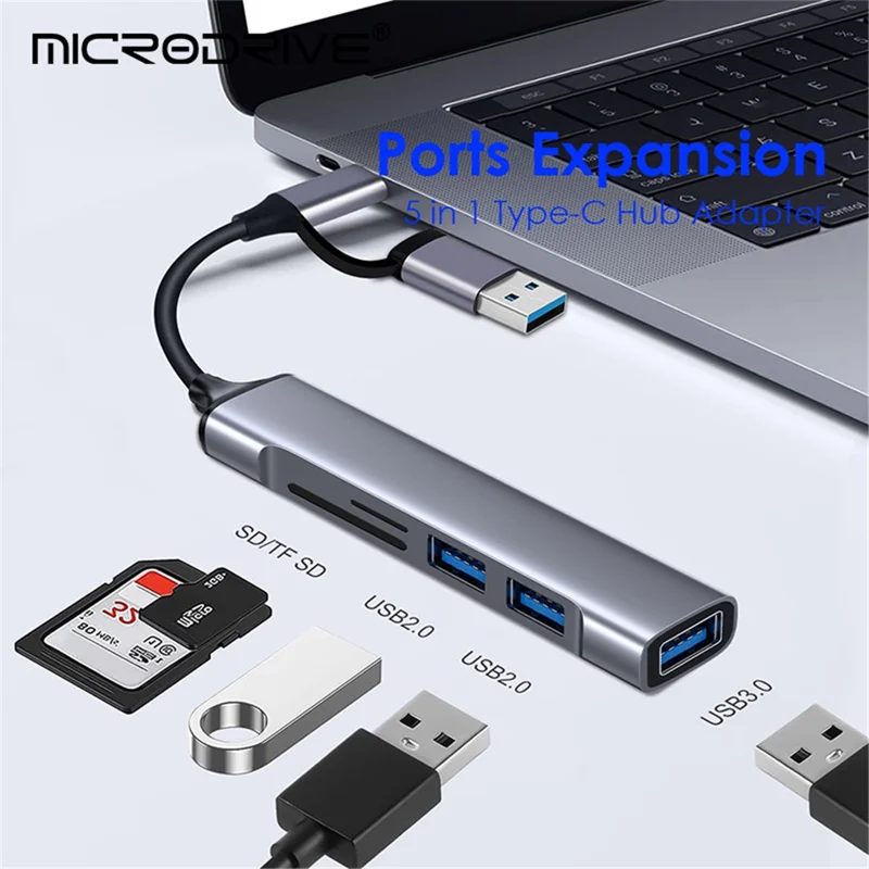 USB+Type-C Hub Adapter to 2xUSB 2.0+USB 3.0+2 Card Reader Slots