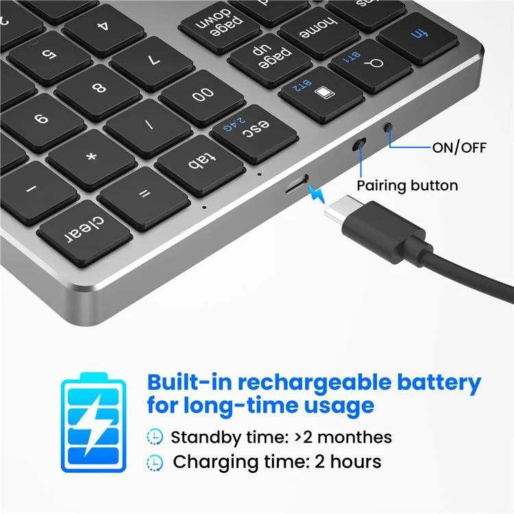Clavier numérique Bluetooth K-35 Slim 35 touches 2,4 GHz + Bluetooth Dual Mode - Noir Gris