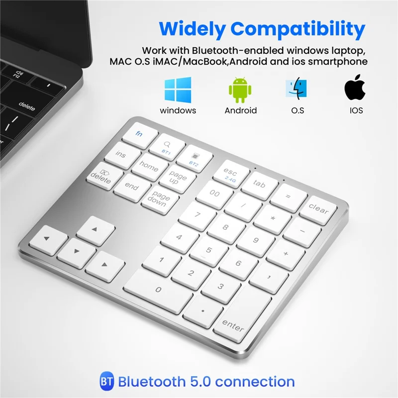 K-35 Bluetooth-compatible Keypad Slim 35-Keys 2.4G+Bluetooth-compatible Dual Mode Keyboard - Silver White