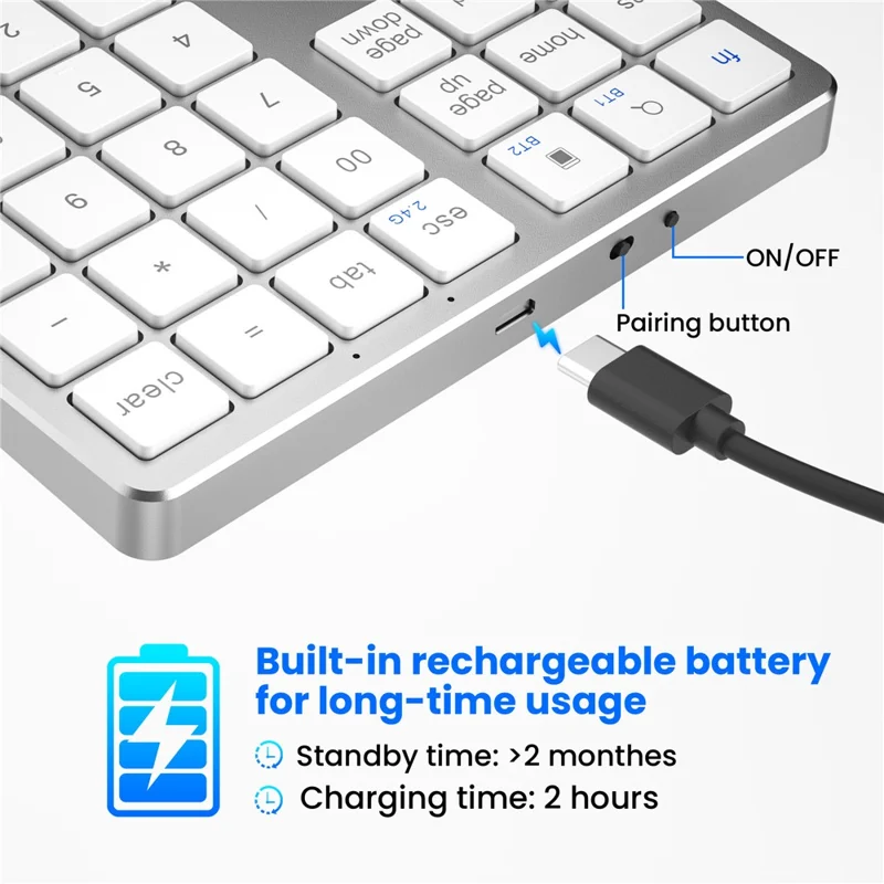 K-35 Bluetooth-compatible Keypad Slim 35-Keys 2.4G+Bluetooth-compatible Dual Mode Keyboard - Silver White