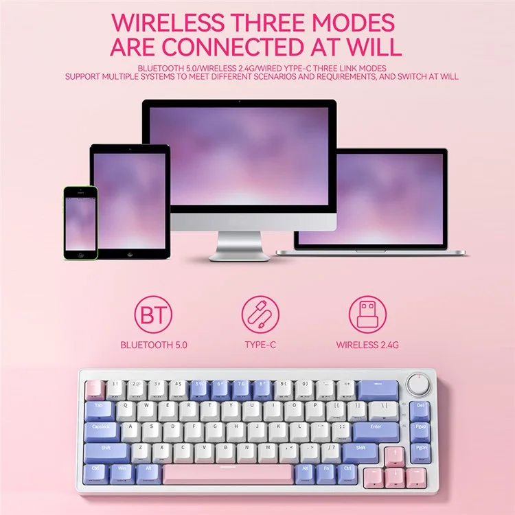 ZA68 Pro RGB Hot Swap 2.4G+Type-C+Bluetooth 68-Key Computer Keyboard - Violet+Rose