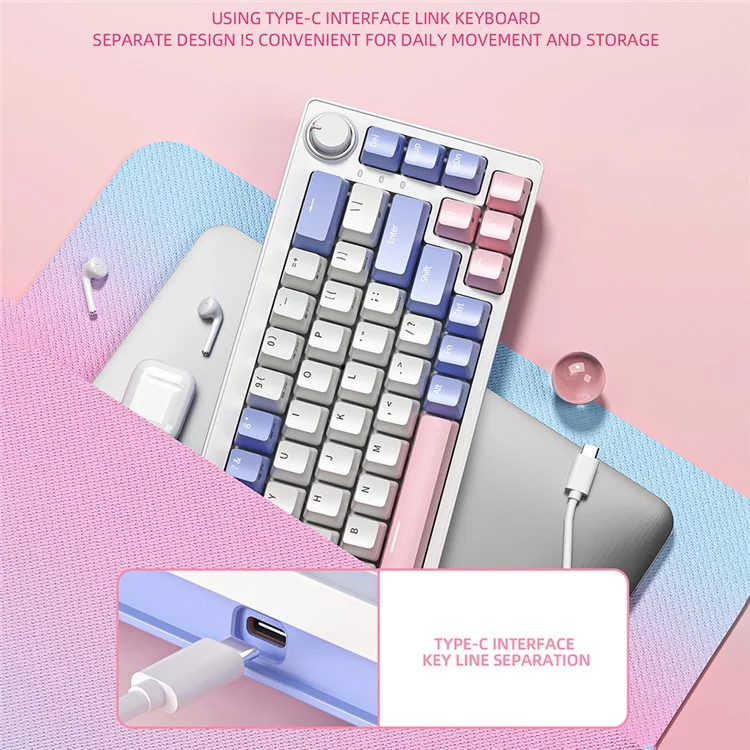 ZA68 Pro RGB Hot Swap 2.4G+Type-C+Bluetooth 68-Key Computer Keyboard - Violet+Rose