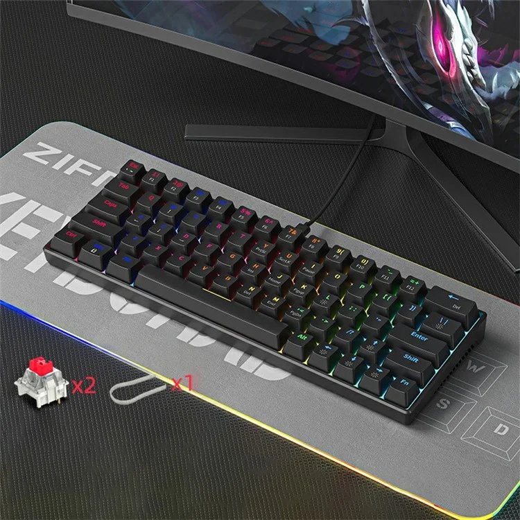 KA646 Swappable Wired 63-Key Gaming Keyboard Mechanical Keyboard with Colorful Backlit - Black+Red Switch