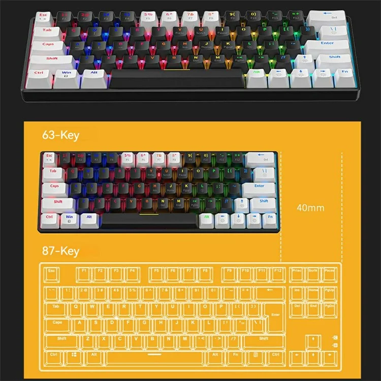 KA646 Swappable Wired 63-Key Gaming Keyboard Mechanical Keyboard with Colorful Backlit - Black+Red Switch