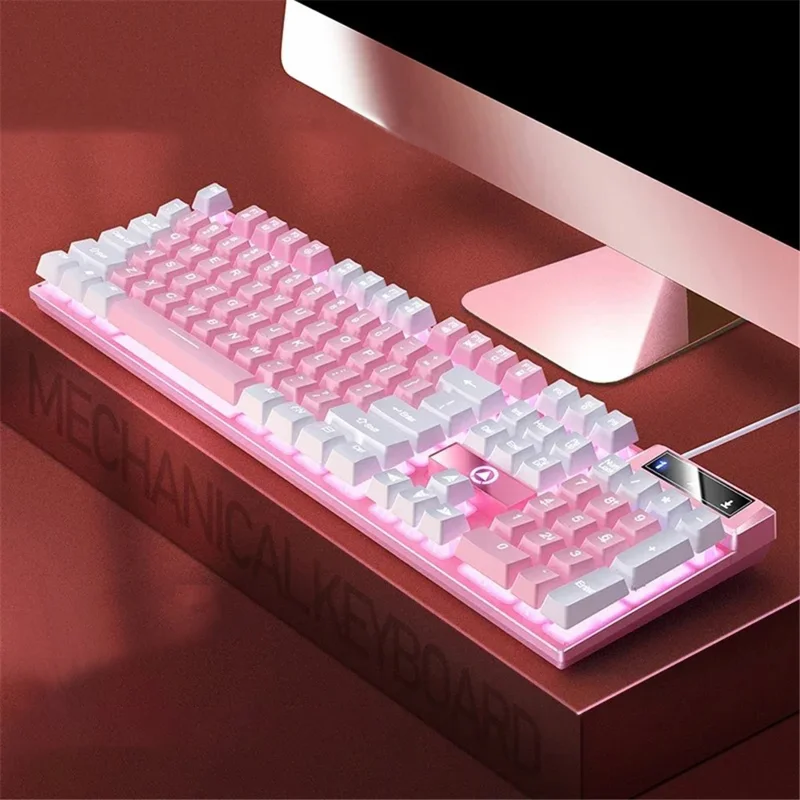 YINDIAO K500 Backlit Wired Gaming Keyboard Ambient Light Home Computer Keyboard - Pink+White / White Light