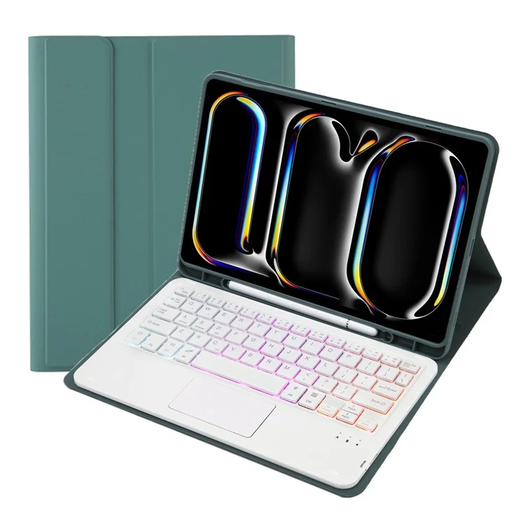A13B-AS Per iPad Pro 11 (2024) Design della fessura per la penna Custodia in pelle per tablet + Tastiera Bluetooth retroilluminata con touchpad - Verde scuro