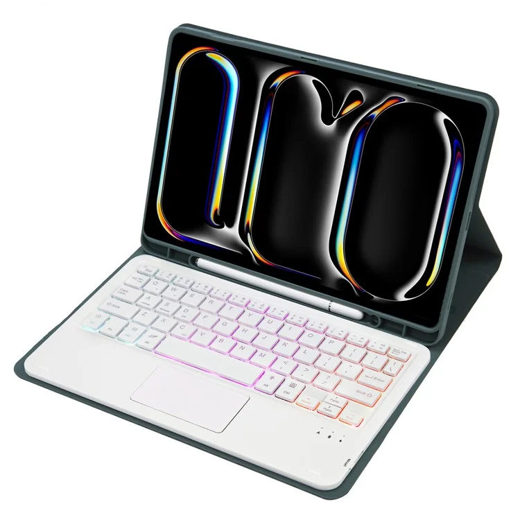 A13B-AS Per iPad Pro 11 (2024) Design della fessura per la penna Custodia in pelle per tablet + Tastiera Bluetooth retroilluminata con touchpad - Verde scuro