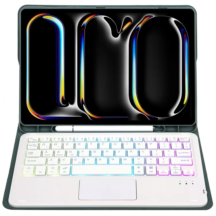 A13B-AS Per iPad Pro 11 (2024) Design della fessura per la penna Custodia in pelle per tablet + Tastiera Bluetooth retroilluminata con touchpad - Verde scuro