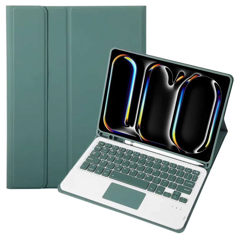 A13B-A For iPad Pro 11 (2024) Pen Slot Leather Tablet Case + Bluetooth-compatible Keyboard with Touchpad - Dark Green