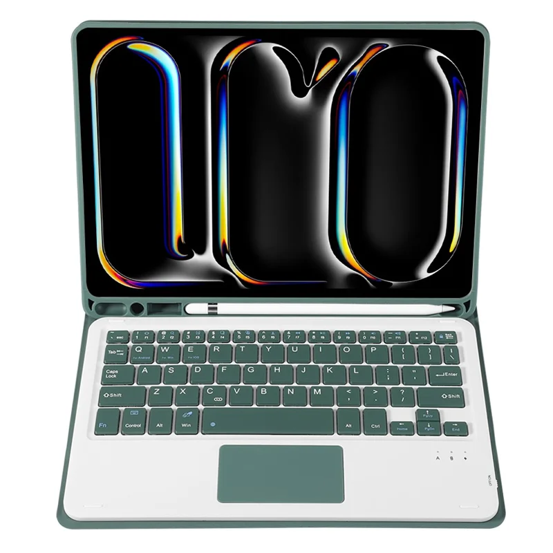 A13B-A For iPad Pro 11 (2024) Pen Slot Leather Tablet Case + Bluetooth-compatible Keyboard with Touchpad - Dark Green