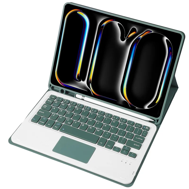 A13B-A For iPad Pro 11 (2024) Pen Slot Leather Tablet Case + Bluetooth-compatible Keyboard with Touchpad - Dark Green