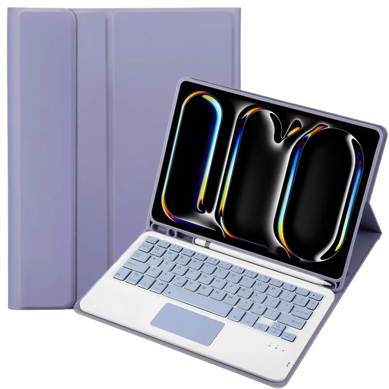 A13B-A For iPad Pro 11 (2024) Pen Slot Leather Tablet Case + Bluetooth-compatible Keyboard with Touchpad - Purple