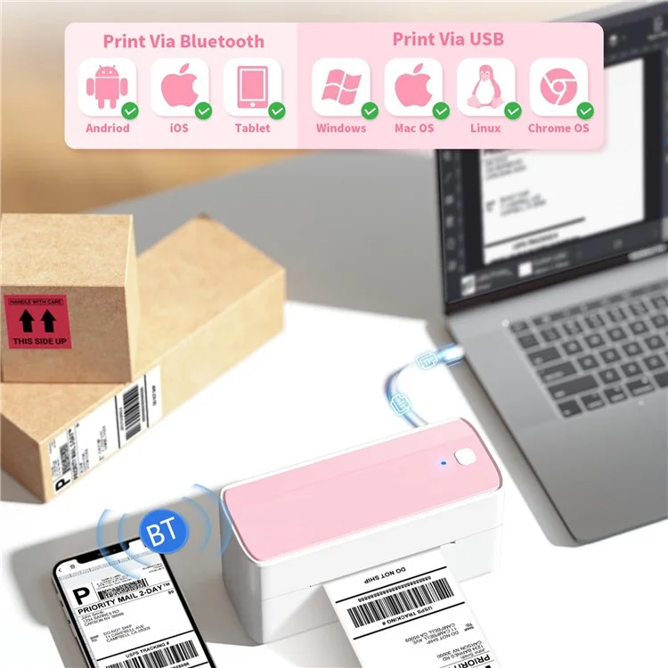 PHOMEMO PM241-BT 203DPI Inkless Thermal Printer Bluetooth-compatible Label Printer - Pink+White / EU Plug