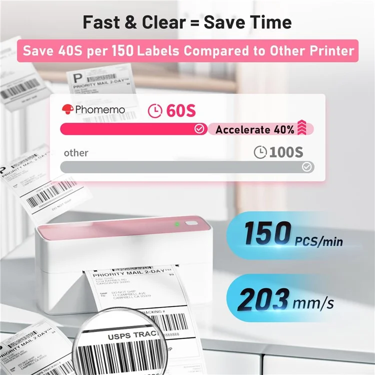 PHOMEMO PM241-BT 203DPI Inkless Thermal Printer Bluetooth-compatible Label Printer - Pink+White / EU Plug