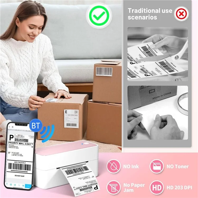 PHOMEMO PM241-BT 203DPI Inkless Thermal Printer Bluetooth-compatible Label Printer - Pink+White / EU Plug