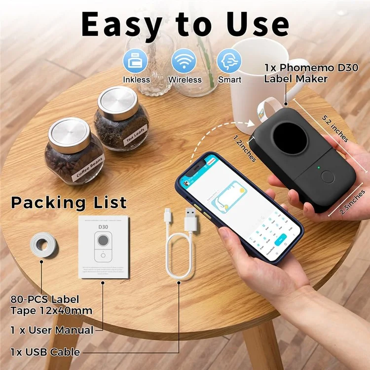 PHOMEMO D30 Portable Inkless Wireless Label Maker Mini Thermal Label Printer for Home School Office - Black