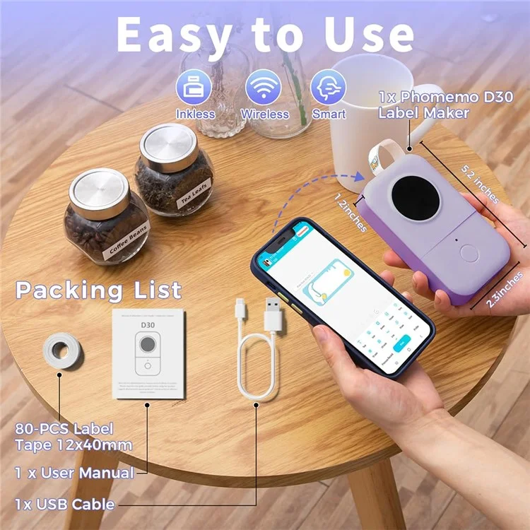 PHOMEMO D30 Portable Inkless Wireless Label Maker Mini Thermal Label Printer for Home School Office - Black
