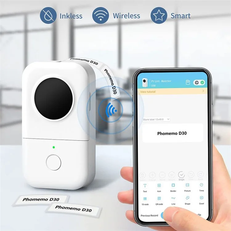PHOMEMO D30 Portable Inkless Wireless Label Maker Mini Thermal Label Printer for Home School Office - White