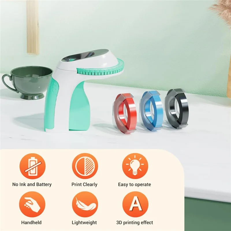 PHOMEMO E975 Manual Embossing Label Maker Handheld Embossed Label Machine with 3 Rolls Of Tapes - Green