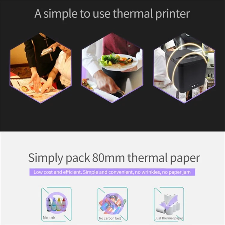 80A Thermal Receipt Printer POS Printing Tool with 80mm Printing Width - US Plug