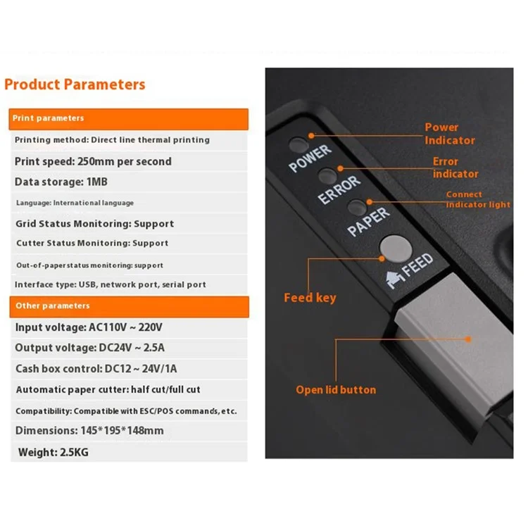 Imprimante de reçu thermique 8030III avec une largeur d'impression de 80 mm et une tête de coupe automatique - Prise US