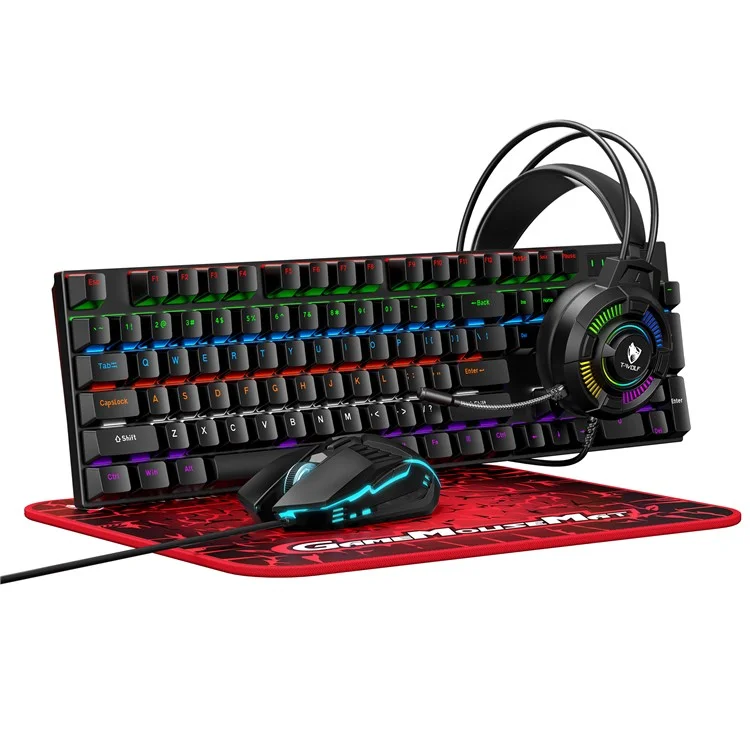 T-WOLF TF700 Backlight USB Wired Gaming Keyboard Mouse Headphone Mouse Pad Set