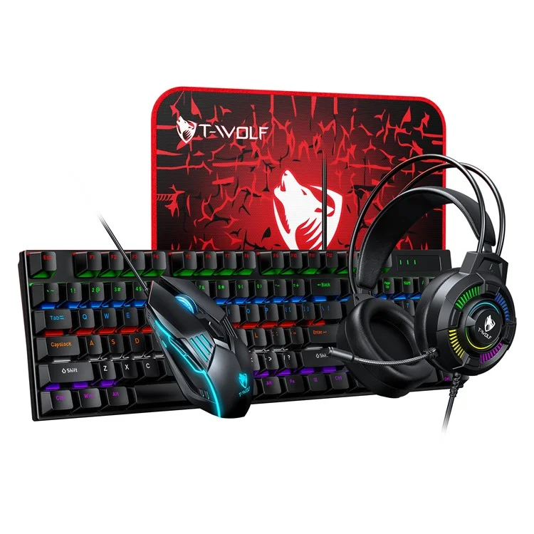 T-WOLF TF700 Backlight USB Wired Gaming Keyboard Mouse Headphone Mouse Pad Set