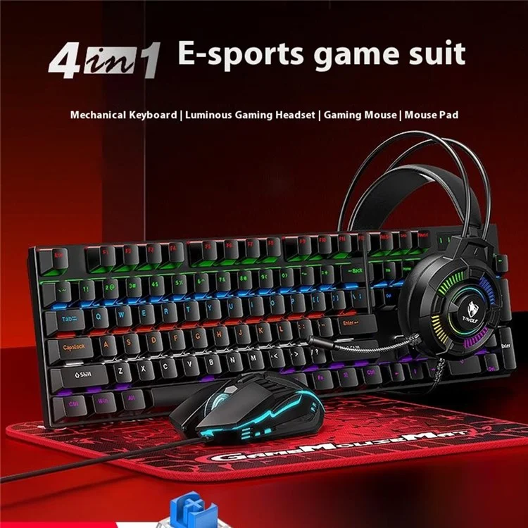 T-WOLF TF700 Backlight USB Wired Gaming Keyboard Mouse Headphone Mouse Pad Set