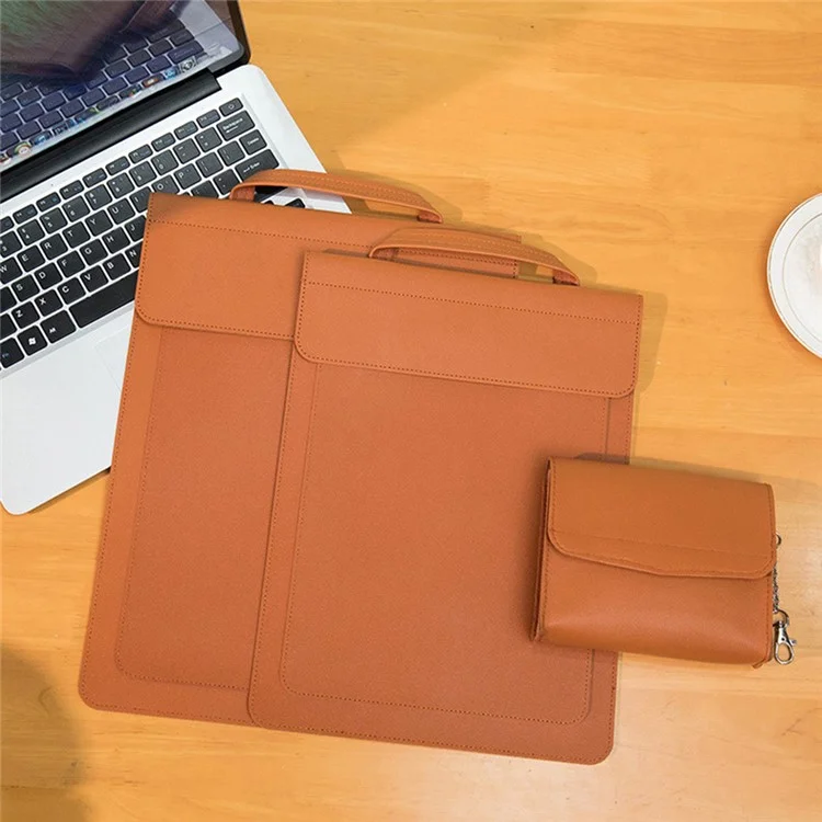 Étui de Transport en Cuir PU Imperméable de Style Commercial Pour 15 / Manche D'ordinateur Portable de 16 Pouces Avec Mini Sac - Brun