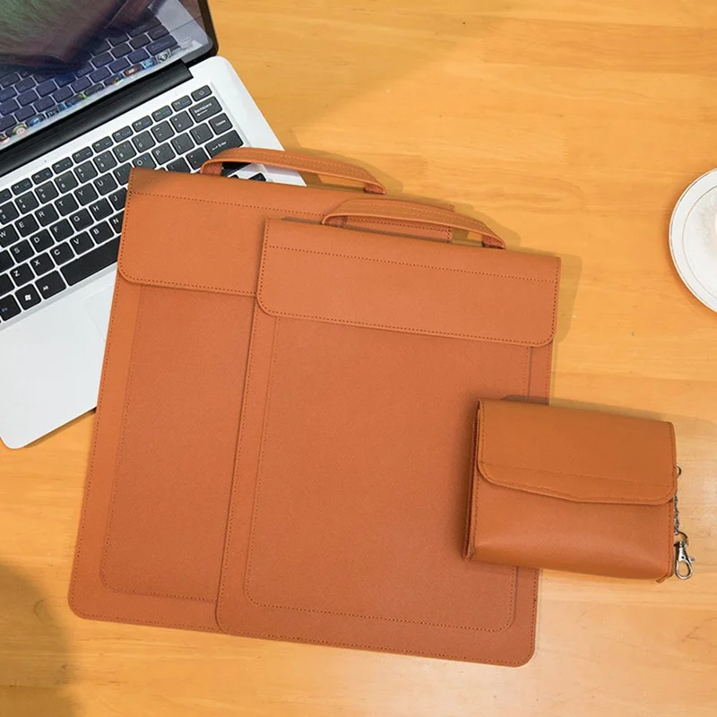 Estilo de Negócios Case de Transporte de Couro PU Impermeável Por 13.3 / Manga de Laptop de 14 Polegadas Com Mini Bolsa - Marrom