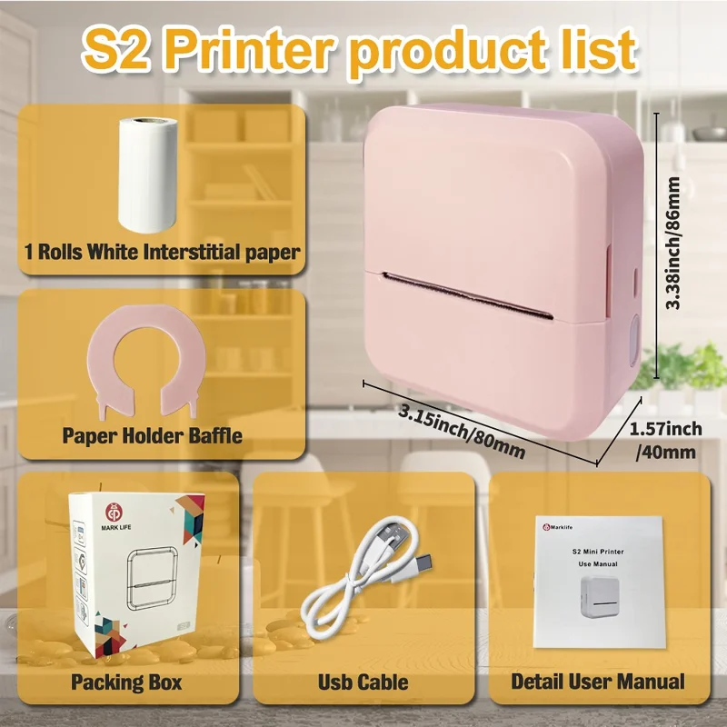 MARKLIFE S2 Bluetooth-compatible Thermal Label Printer Ink-less Label Maker Machine for Small Business Home Office - Pink