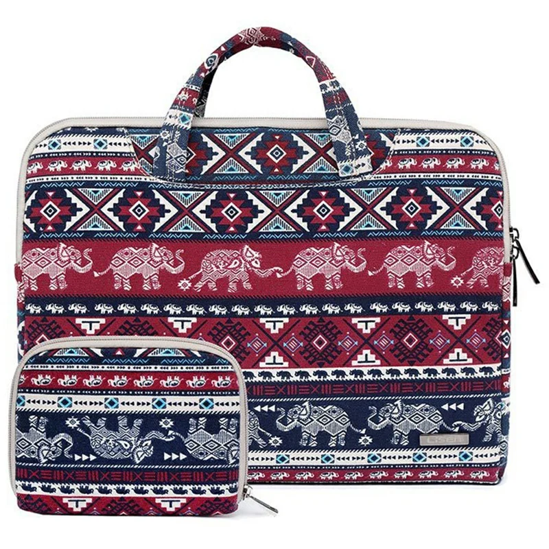 LISEN Pattern Print Canvas Carrying Case for 13.3-Inch Laptops Portable Storage Bag with Mini Bag - Elephant Red
