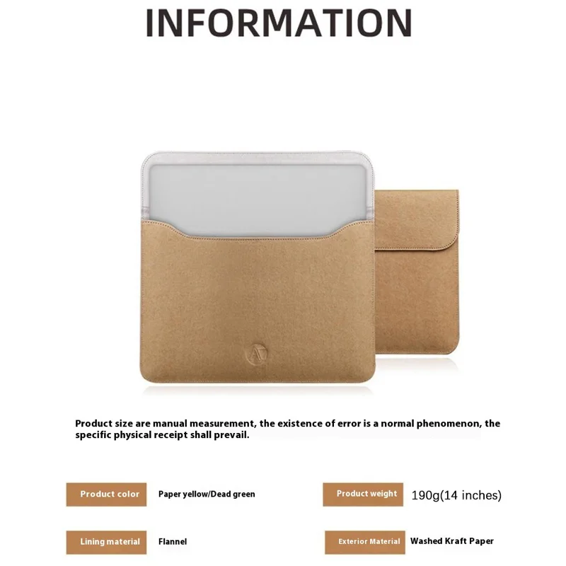 For 14 inch Laptop Carrying Case Washed Kraft Paper Portable Sleeve Bag Magnetic Closure - Green