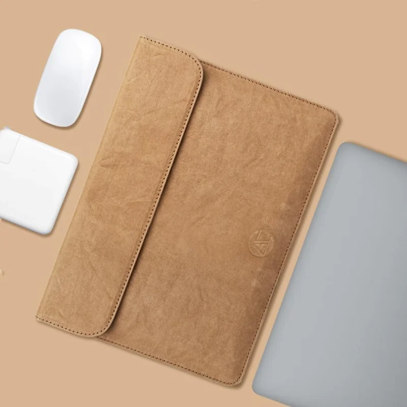 For 13 inch Laptop Carrying Case Washed Kraft Paper Portable Sleeve Bag Magnetic Closure - Yellow