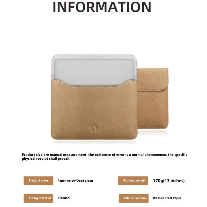 For 13 inch Laptop Carrying Case Washed Kraft Paper Portable Sleeve Bag Magnetic Closure - Yellow