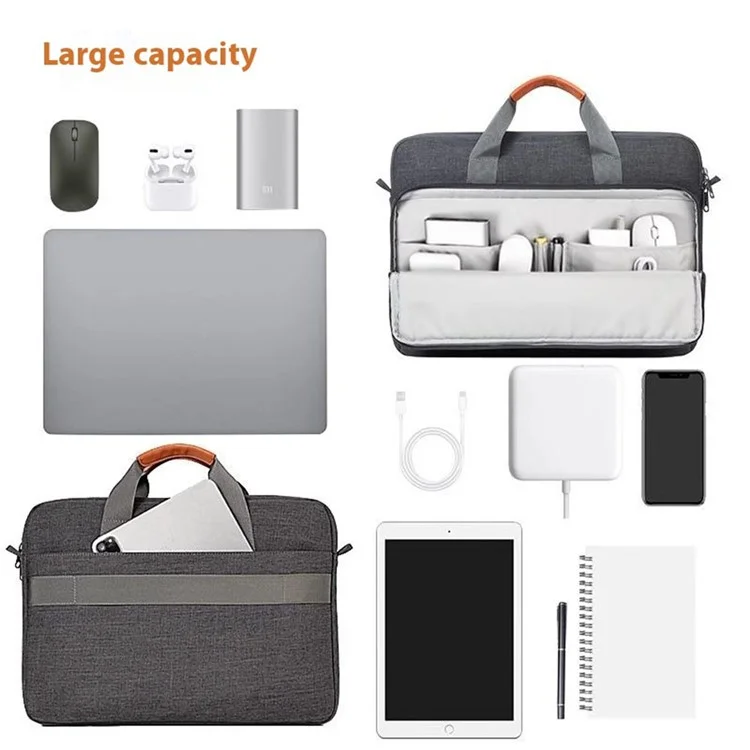 For 15.6 inch Shoulder Laptop Bag Business Style Multi-Functional Notebook Sleeve Bag with Air Cushion Protection - Grey