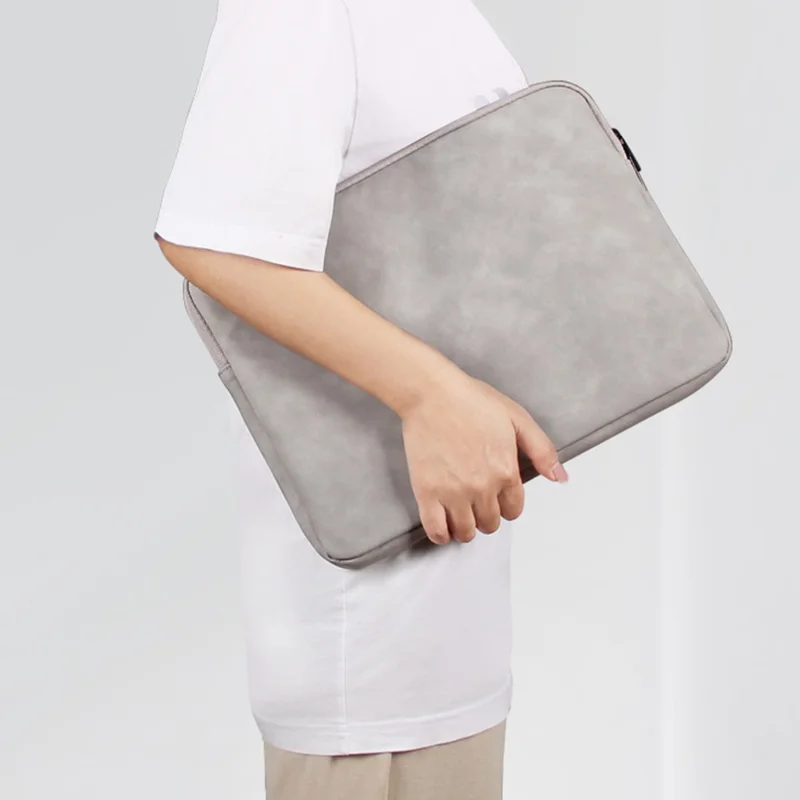 For 14-15.4 Inch Laptop Bag PU Leather Inner Lining Scratch Resistant Water Repellent Protective Sleeve - Light Grey