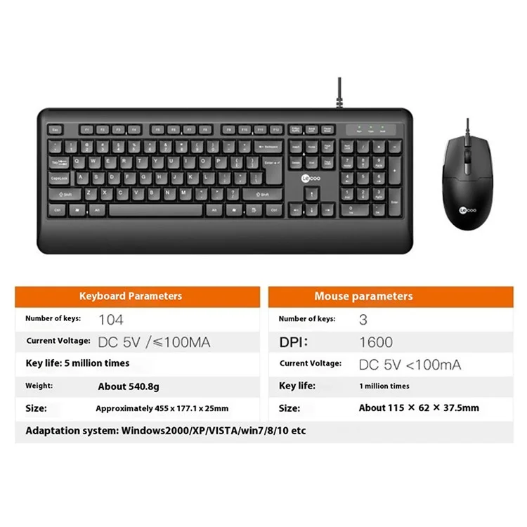 Clavier et souris filaires LENOVO LECOO CM104 104 touches 1600 DPI pour Windows
