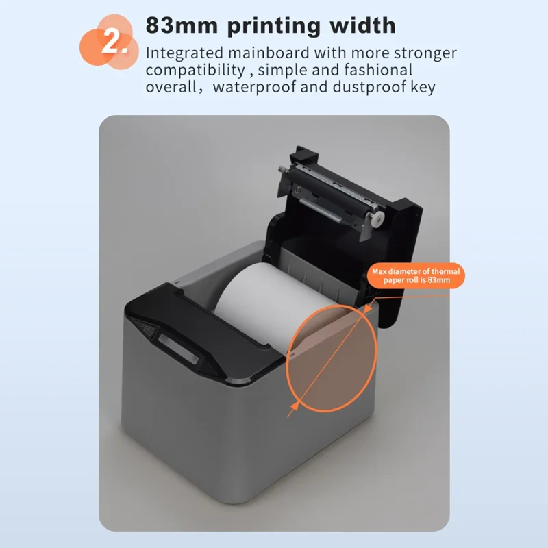 ZJ-8370 80mm Direct Thermal Receipt Printer USB LAN Bluetooth-compatible POS Printer with Auto Cutter - Grey + Black / US Plug