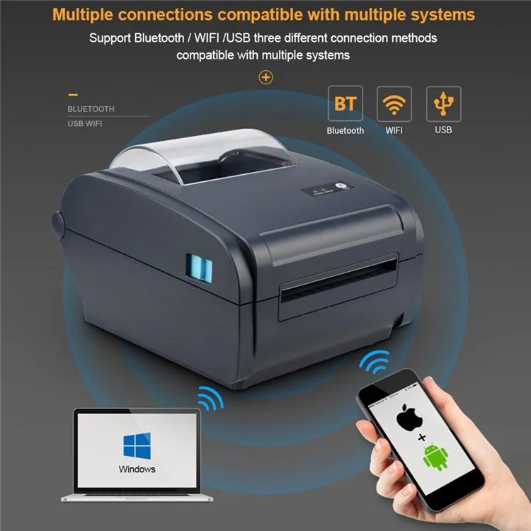 ZJ-9210 110mm Thermal Label Printer Portable Mini Label Printer USB + Bluetooth-compatible Interface - Grey White  /  US Plug