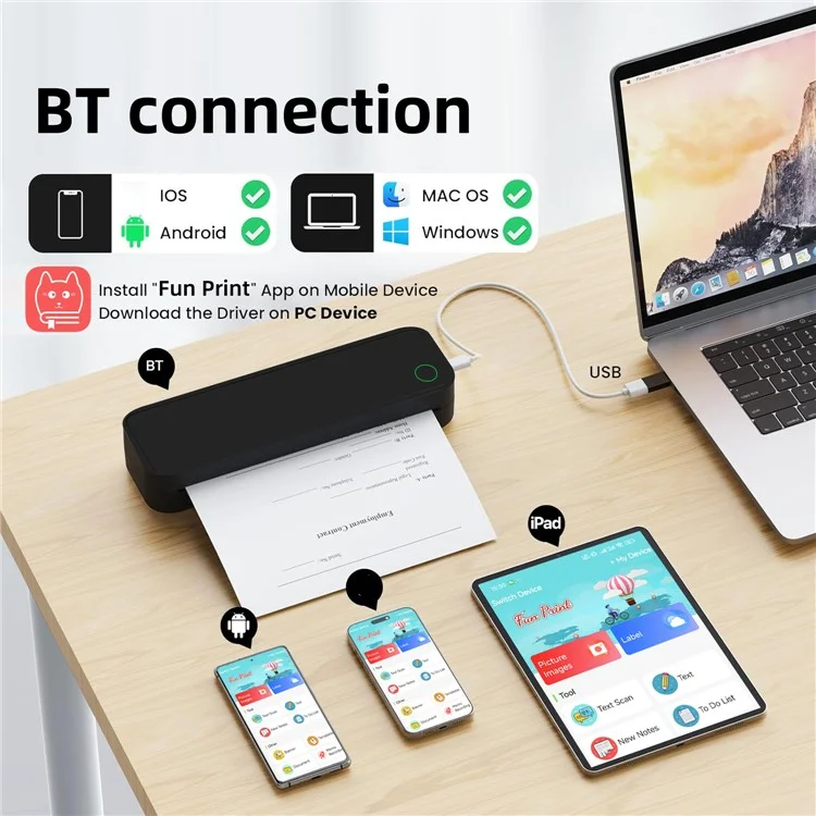 M15 Portable A4 Printer Pocket Size 203 DPI Inkless Bluetooth-Compatible Thermal Printing Machine - Black